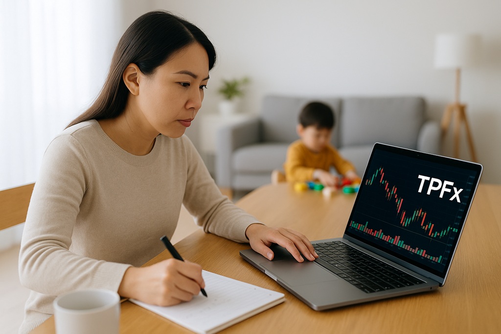 Dina, ibu rumah tangga anggota komunitas Mama Trader sedang belajar trading dengan TPFx